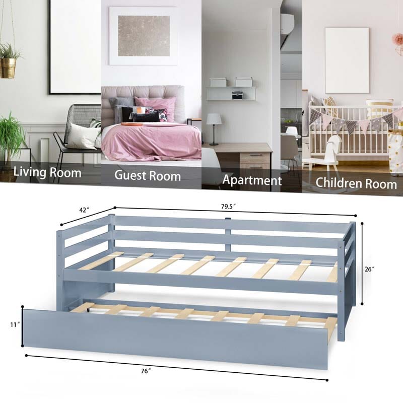 Twin Daybed with Trundle, Wooden Trundle Platform Bed Frame with Wood Slat Support for Guest, Kids & Living Rooms, No Box Spring Needed