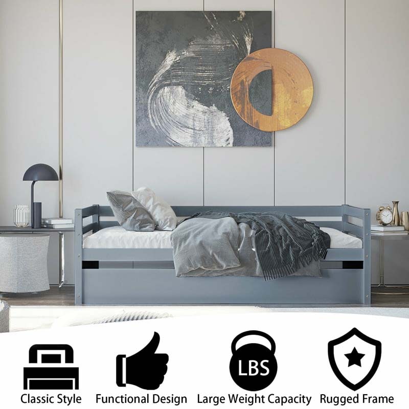 Twin Daybed with Trundle, Wooden Trundle Platform Bed Frame with Wood Slat Support for Guest, Kids & Living Rooms, No Box Spring Needed