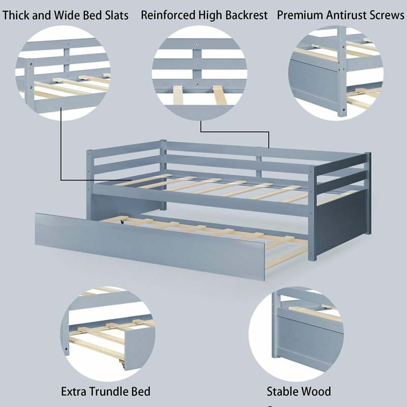 Twin Daybed with Trundle, Wooden Trundle Platform Bed Frame with Wood Slat Support for Guest, Kids & Living Rooms, No Box Spring Needed