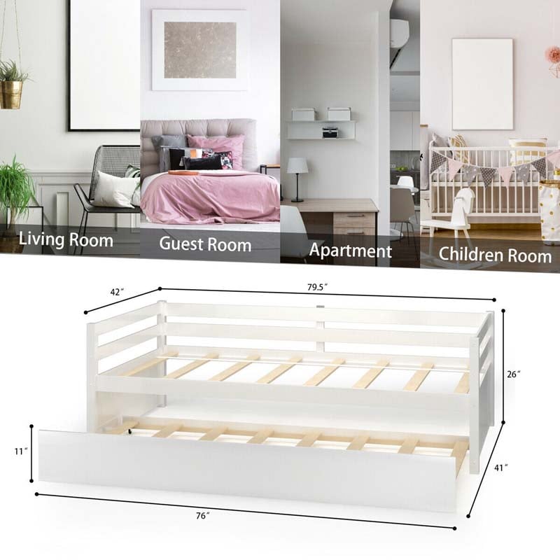 Twin Daybed with Trundle, Wooden Trundle Platform Bed Frame with Wood Slat Support for Guest, Kids & Living Rooms, No Box Spring Needed