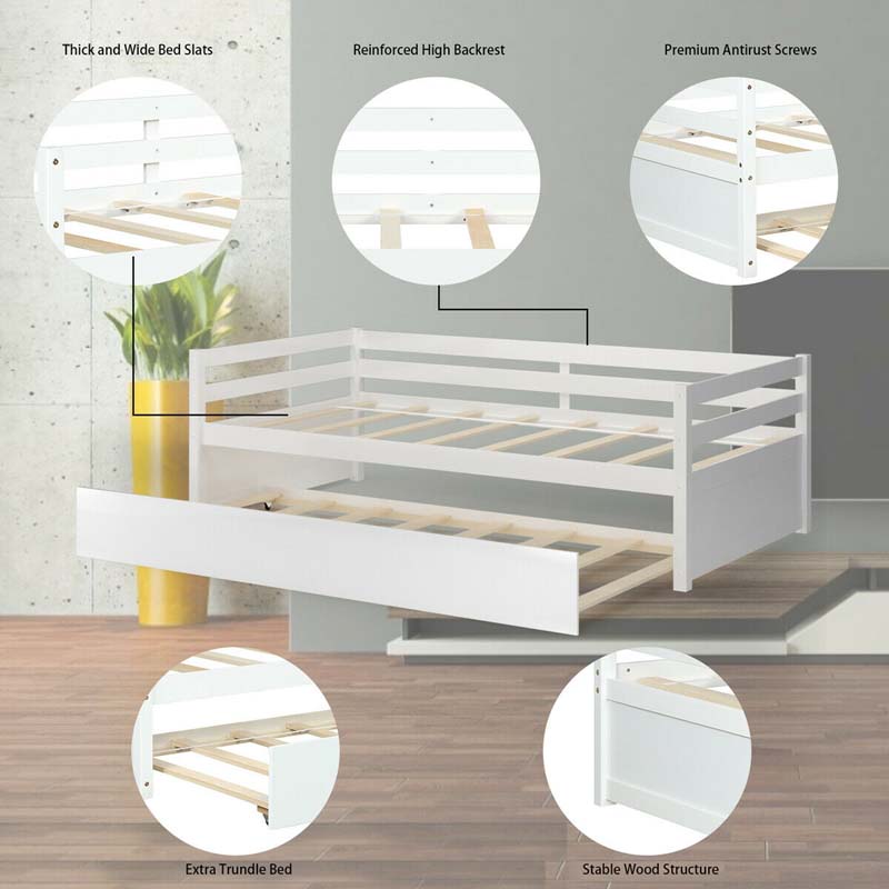 Twin Daybed with Trundle, Wooden Trundle Platform Bed Frame with Wood Slat Support for Guest, Kids & Living Rooms, No Box Spring Needed