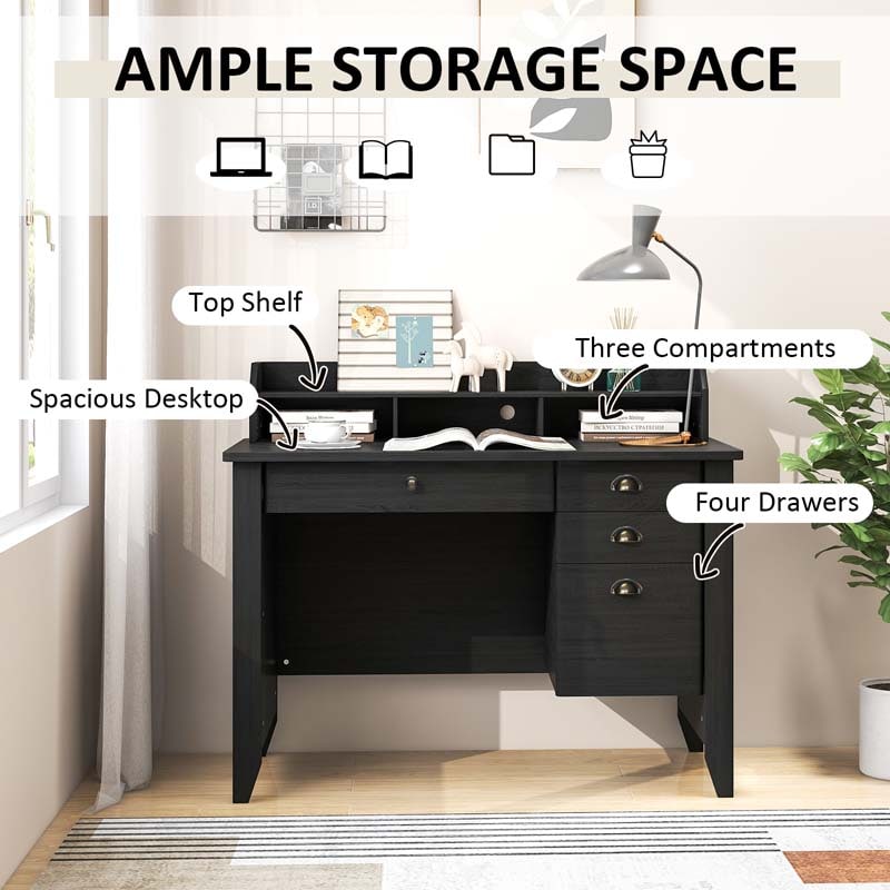 48" Vintage Home Office Desk, Executive Computer Desk Study Desk with 4 Storage Drawers & Hutch