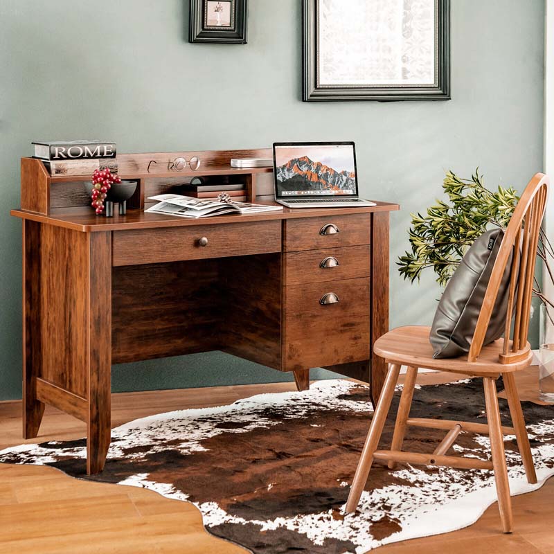 48" Vintage Home Office Desk, Executive Computer Desk Study Desk with 4 Storage Drawers & Hutch