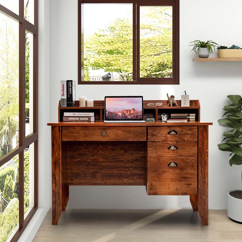 48" Vintage Home Office Desk, Executive Computer Desk Study Desk with 4 Storage Drawers & Hutch