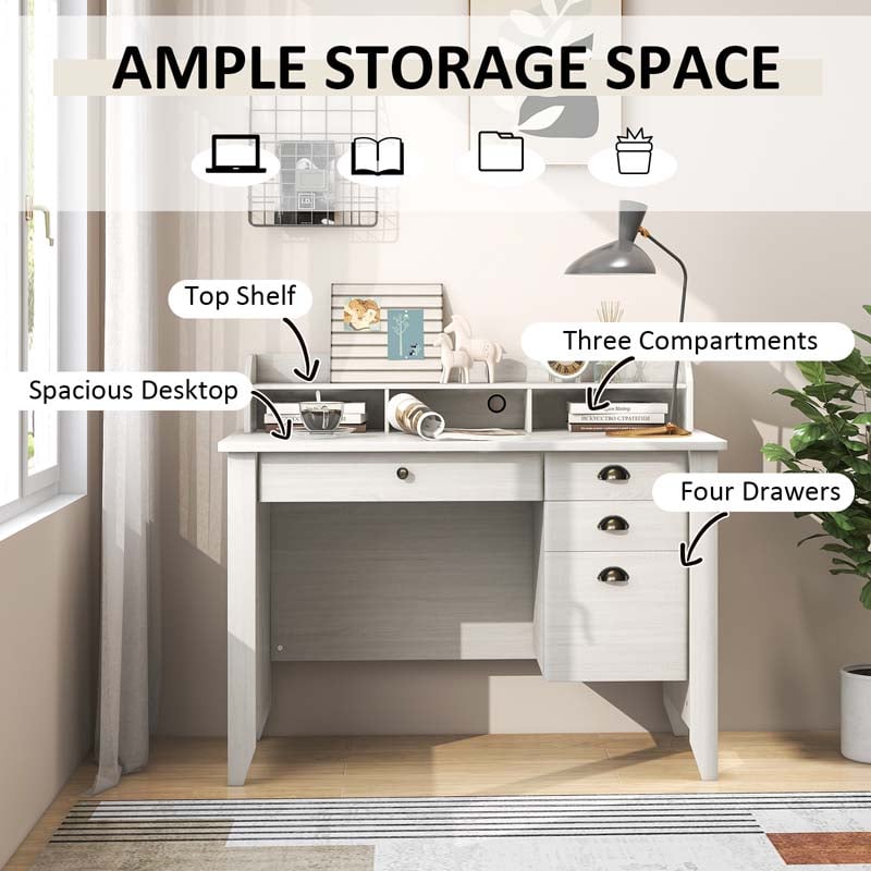 48" Vintage Home Office Desk, Executive Computer Desk Study Desk with 4 Storage Drawers & Hutch