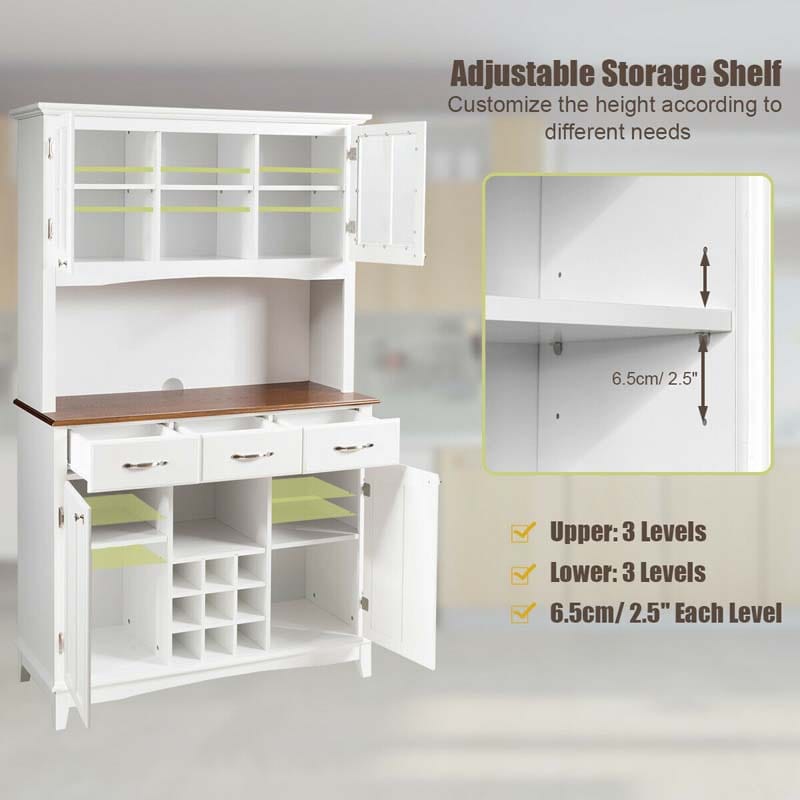 Wood Buffet Hutch Cabinet, Kitchen Hutch Sideboard Kitchenware Server with 3 Large Drawers & 9 Wine Grids