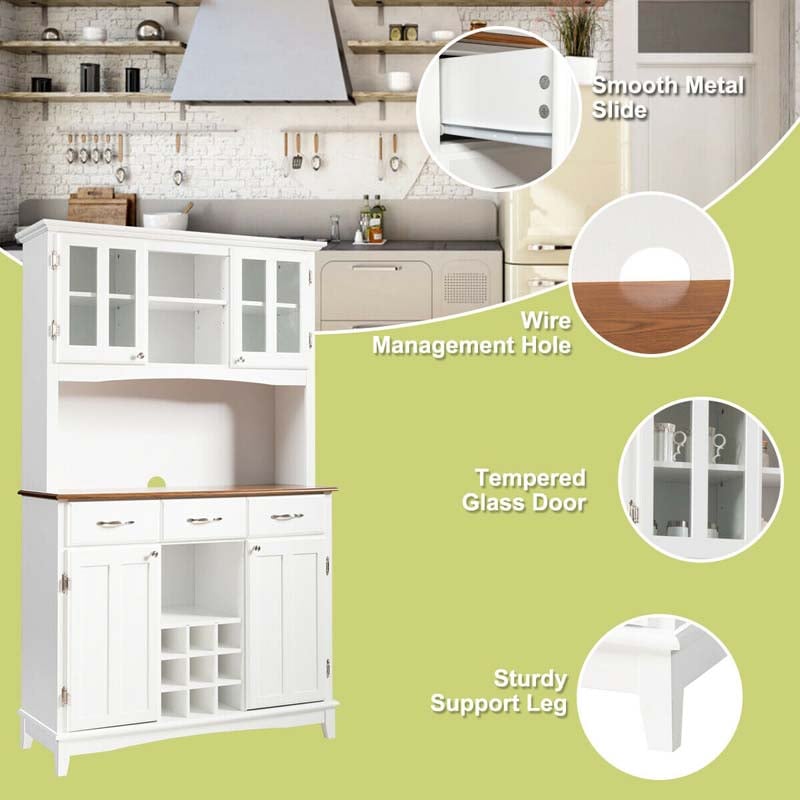 Wood Buffet Hutch Cabinet, Kitchen Hutch Sideboard Kitchenware Server with 3 Large Drawers & 9 Wine Grids