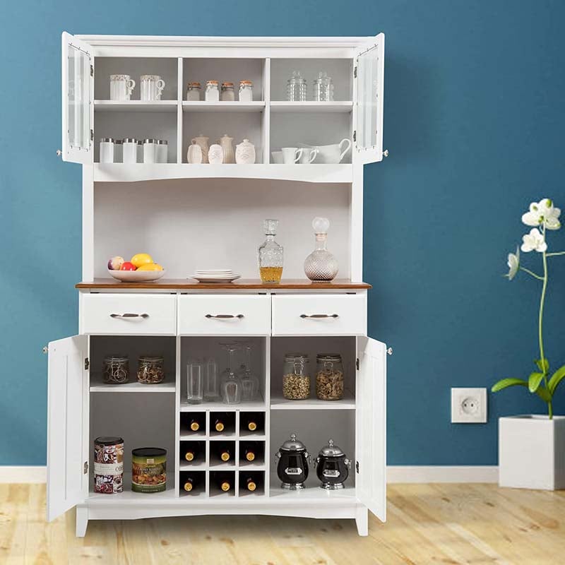 Wood Buffet Hutch Cabinet, Kitchen Hutch Sideboard Kitchenware Server with 3 Large Drawers & 9 Wine Grids