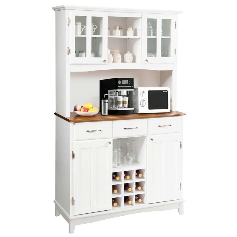 Wood Buffet Hutch Cabinet, Kitchen Hutch Sideboard Kitchenware Server with 3 Large Drawers & 9 Wine Grids