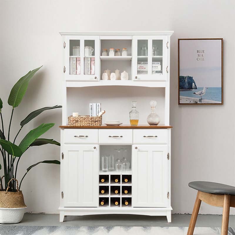 Wood Buffet Hutch Cabinet, Kitchen Hutch Sideboard Kitchenware Server with 3 Large Drawers & 9 Wine Grids