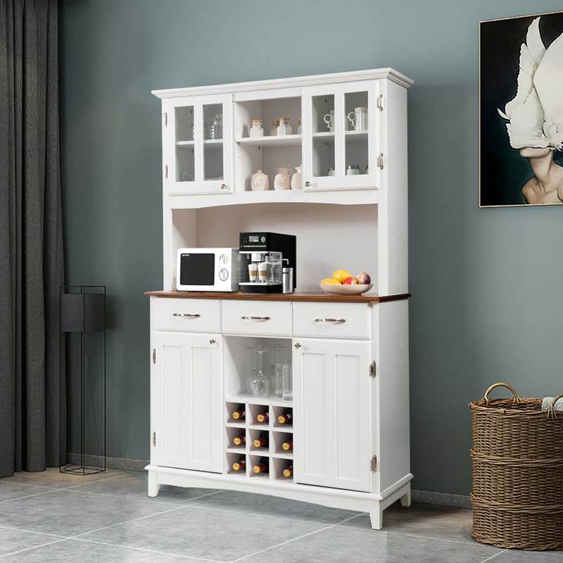 Wood Buffet Hutch Cabinet, Kitchen Hutch Sideboard Kitchenware Server with 3 Large Drawers & 9 Wine Grids