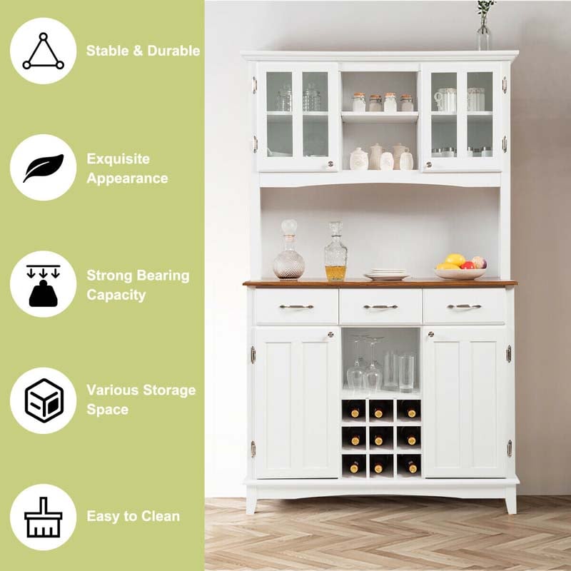Wood Buffet Hutch Cabinet, Kitchen Hutch Sideboard Kitchenware Server with 3 Large Drawers & 9 Wine Grids