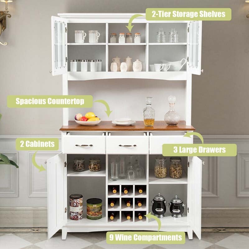 Wood Buffet Hutch Cabinet, Kitchen Hutch Sideboard Kitchenware Server with 3 Large Drawers & 9 Wine Grids