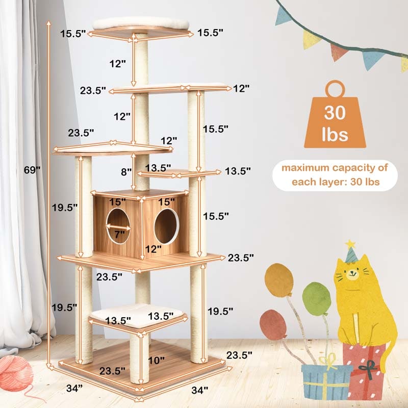 69" Tall Cat Tree, Modern Wood Cat Tower with Multi-Level Platforms, Sisal Scratching Posts & Washable Cushions for Large Cats up to 20 lbs