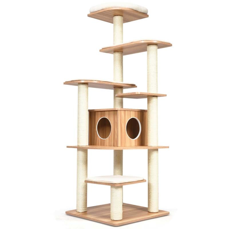 69" Tall Cat Tree, Modern Wood Cat Tower with Multi-Level Platforms, Sisal Scratching Posts & Washable Cushions for Large Cats up to 20 lbs