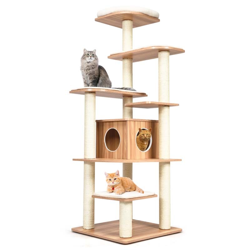 69" Tall Cat Tree, Modern Wood Cat Tower with Multi-Level Platforms, Sisal Scratching Posts & Washable Cushions for Large Cats up to 20 lbs