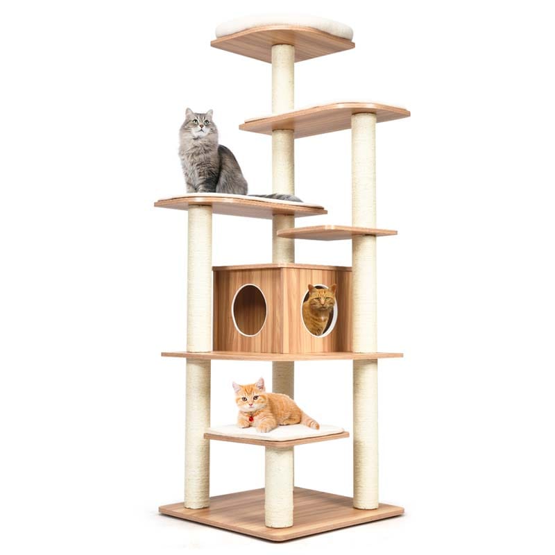 69" Tall Cat Activity Tree Wood Multi-Layer Large Cat Tower Condo with Scratch Resistant Rope & Plush Cushions