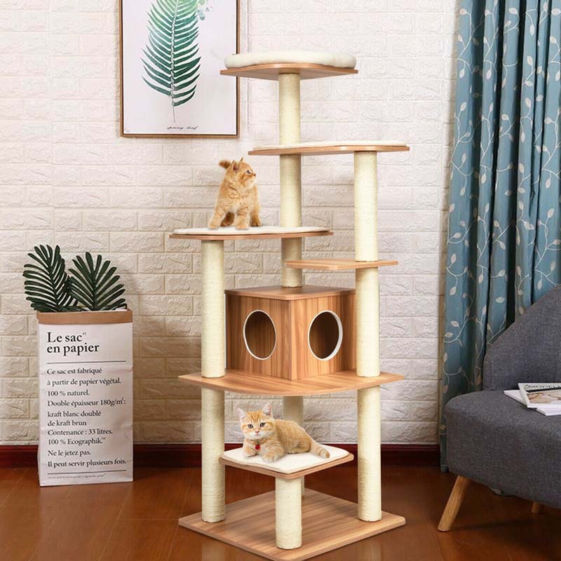 69" Tall Cat Activity Tree Wood Multi-Layer Large Cat Tower Condo with Scratch Resistant Rope & Plush Cushions