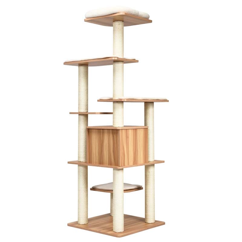 69" Tall Cat Tree, Modern Wood Cat Tower with Multi-Level Platforms, Sisal Scratching Posts & Washable Cushions for Large Cats up to 20 lbs