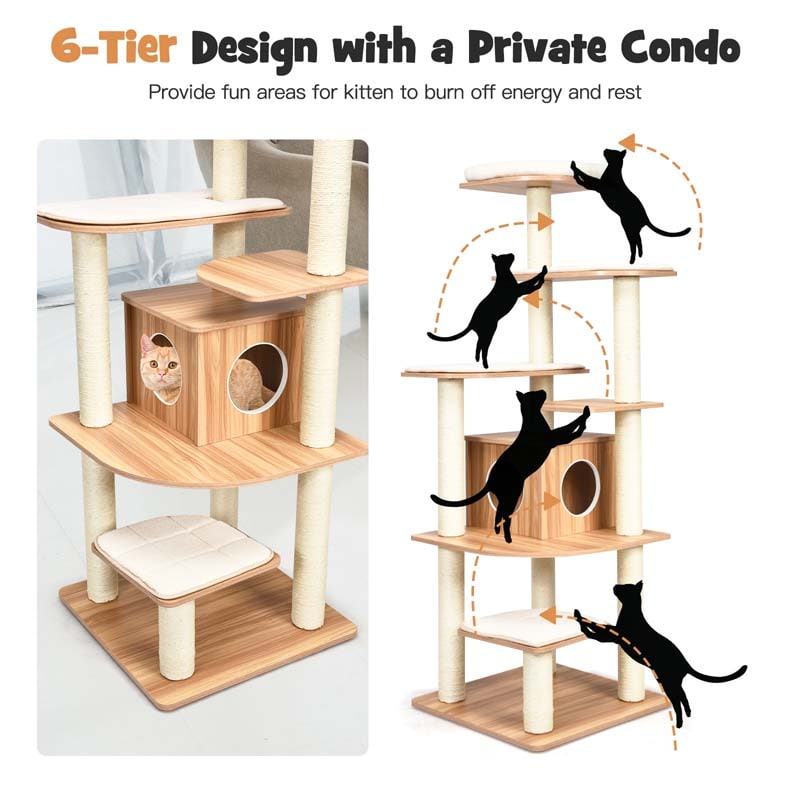 69" Tall Cat Tree, Modern Wood Cat Tower with Multi-Level Platforms, Sisal Scratching Posts & Washable Cushions for Large Cats up to 20 lbs