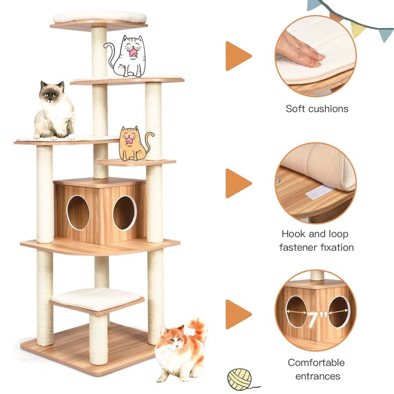 69" Tall Cat Tree, Modern Wood Cat Tower with Multi-Level Platforms, Sisal Scratching Posts & Washable Cushions for Large Cats up to 20 lbs