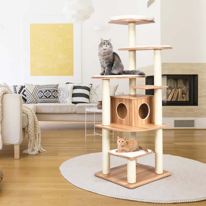 69" Tall Cat Tree, Modern Wood Cat Tower with Multi-Level Platforms, Sisal Scratching Posts & Washable Cushions for Large Cats up to 20 lbs