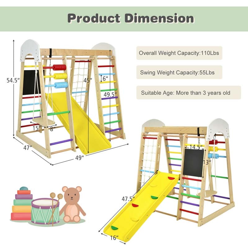 8-in-1 Wooden Montessori Climbing Toys for Toddlers, Kids Indoor Playground Jungle Gym Climber Playset with Slide, Climbing Rock & Net