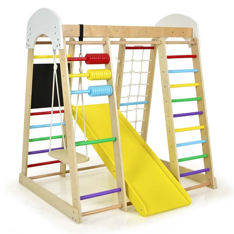 8-in-1 Wooden Montessori Climbing Toys for Toddlers, Kids Indoor Playground Jungle Gym Climber Playset with Slide, Climbing Rock & Net