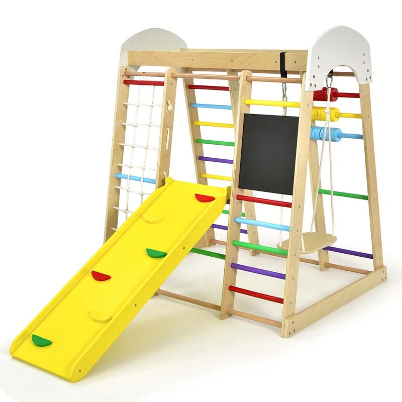 8-in-1 Wooden Montessori Climbing Toys for Toddlers, Kids Indoor Playground Jungle Gym Climber Playset with Slide, Climbing Rock & Net