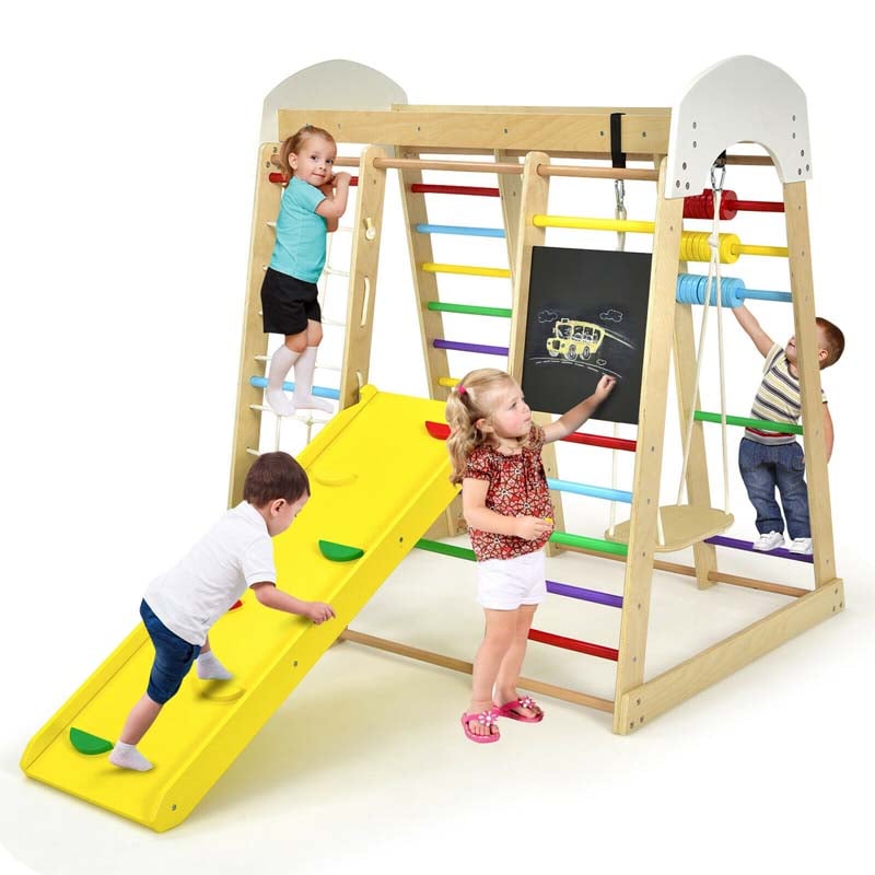 8-in-1 Wooden Montessori Climbing Toys for Toddlers, Kids Indoor Playground Jungle Gym Climber Playset with Slide, Climbing Rock & Net
