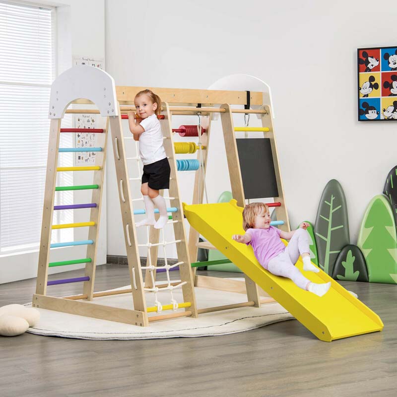 8-in-1 Wooden Montessori Climbing Toys for Toddlers, Kids Indoor Playground Jungle Gym Climber Playset with Slide, Climbing Rock & Net