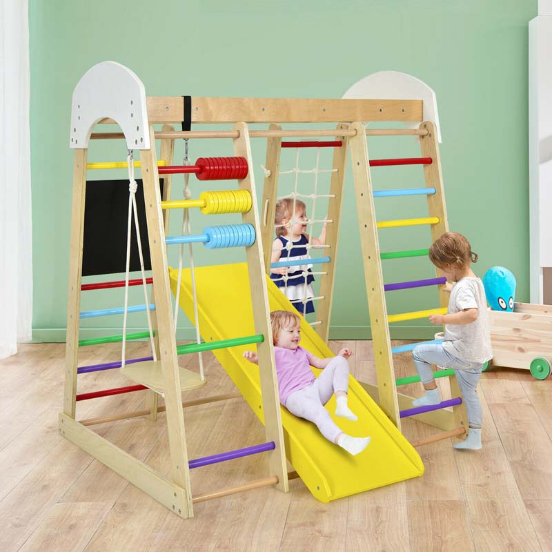 8-in-1 Wooden Montessori Climbing Toys for Toddlers, Kids Indoor Playground Jungle Gym Climber Playset with Slide, Climbing Rock & Net