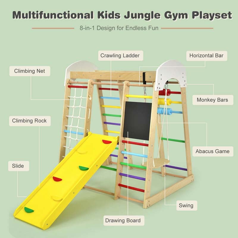 8-in-1 Wooden Montessori Climbing Toys for Toddlers, Kids Indoor Playground Jungle Gym Climber Playset with Slide, Climbing Rock & Net
