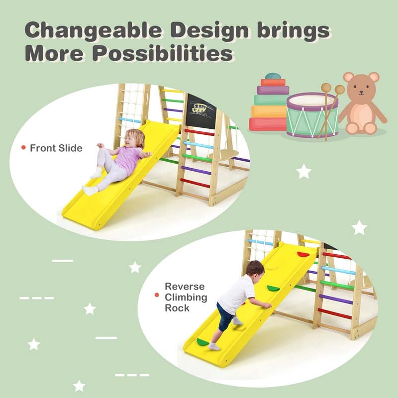8-in-1 Wooden Montessori Climbing Toys for Toddlers, Kids Indoor Playground Jungle Gym Climber Playset with Slide, Climbing Rock & Net
