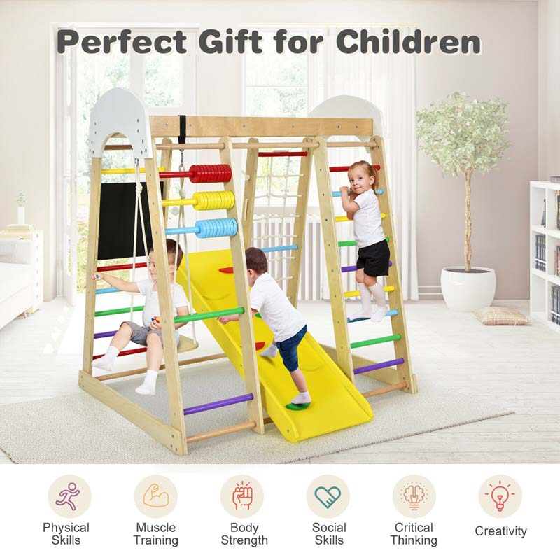 8-in-1 Wooden Montessori Climbing Toys for Toddlers, Kids Indoor Playground Jungle Gym Climber Playset with Slide, Climbing Rock & Net