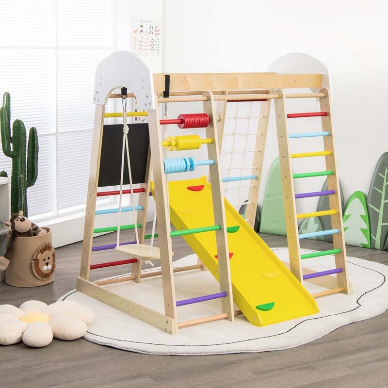 8-in-1 Wooden Montessori Climbing Toys for Toddlers, Kids Indoor Playground Jungle Gym Climber Playset with Slide, Climbing Rock & Net