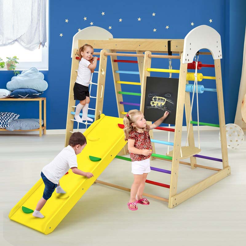 8-in-1 Wooden Montessori Climbing Toys for Toddlers, Kids Indoor Playground Jungle Gym Climber Playset with Slide, Climbing Rock & Net