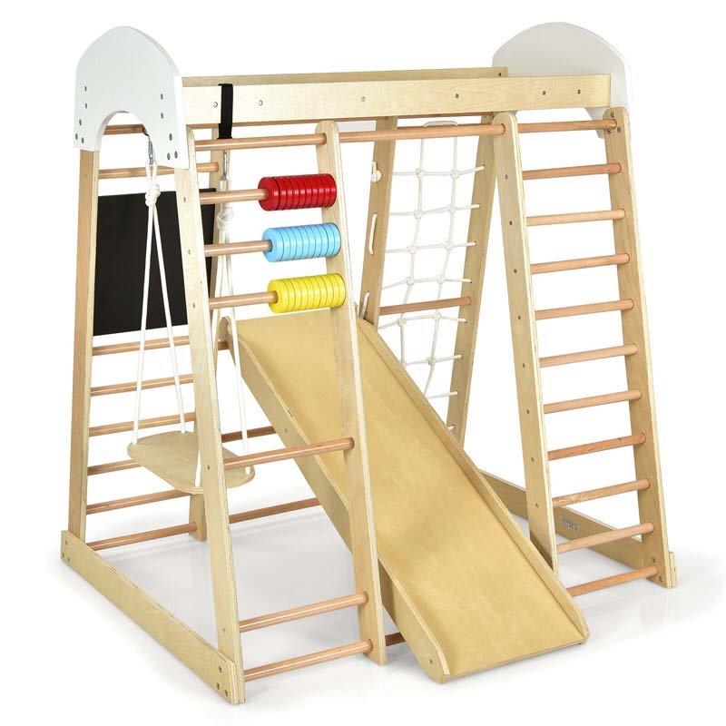 8-in-1 Wooden Montessori Climbing Toys for Toddlers, Kids Indoor Playground Jungle Gym Climber Playset with Slide, Climbing Rock & Net
