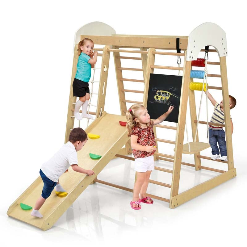 8-in-1 Wooden Montessori Climbing Toys for Toddlers, Kids Indoor Playground Jungle Gym Climber Playset with Slide, Climbing Rock & Net