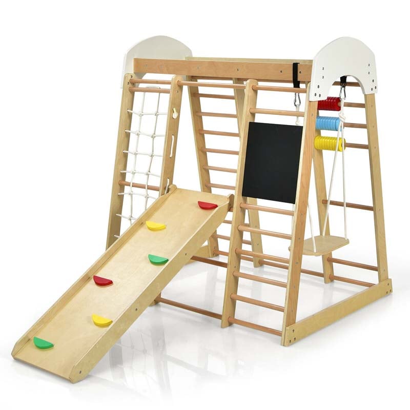 8-in-1 Wooden Montessori Climbing Toys for Toddlers, Kids Indoor Playground Jungle Gym Climber Playset with Slide, Climbing Rock & Net