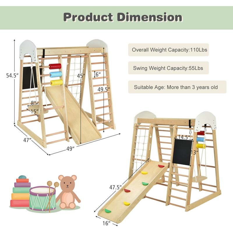 8-in-1 Wooden Montessori Climbing Toys for Toddlers, Kids Indoor Playground Jungle Gym Climber Playset with Slide, Climbing Rock & Net