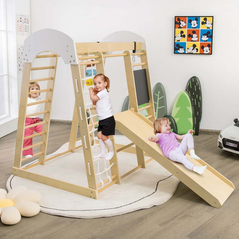 8-in-1 Wooden Montessori Climbing Toys for Toddlers, Kids Indoor Playground Jungle Gym Climber Playset with Slide, Climbing Rock & Net