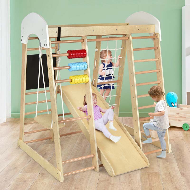 8-in-1 Wooden Montessori Climbing Toys for Toddlers, Kids Indoor Playground Jungle Gym Climber Playset with Slide, Climbing Rock & Net