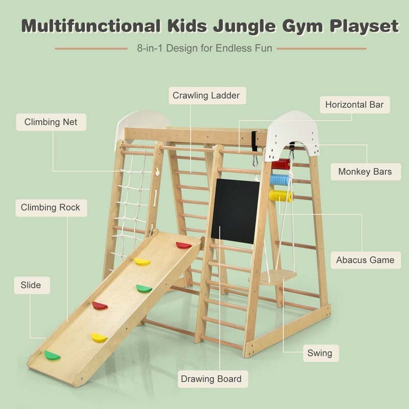 8-in-1 Wooden Montessori Climbing Toys for Toddlers, Kids Indoor Playground Jungle Gym Climber Playset with Slide, Climbing Rock & Net