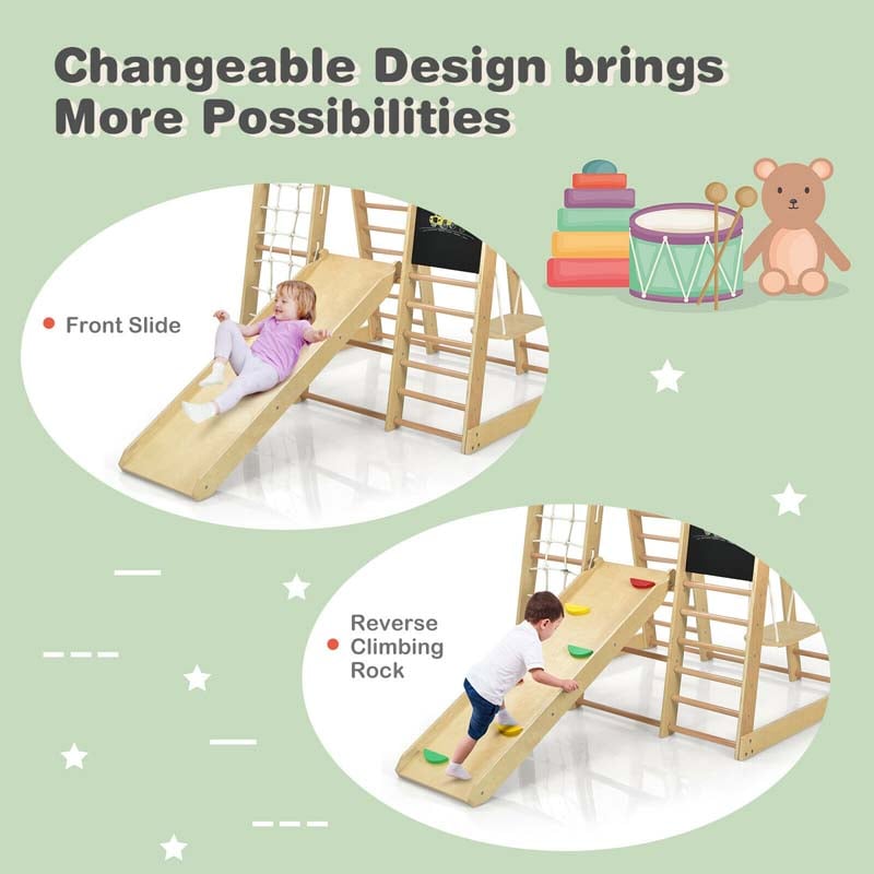 8-in-1 Wooden Montessori Climbing Toys for Toddlers, Kids Indoor Playground Jungle Gym Climber Playset with Slide, Climbing Rock & Net