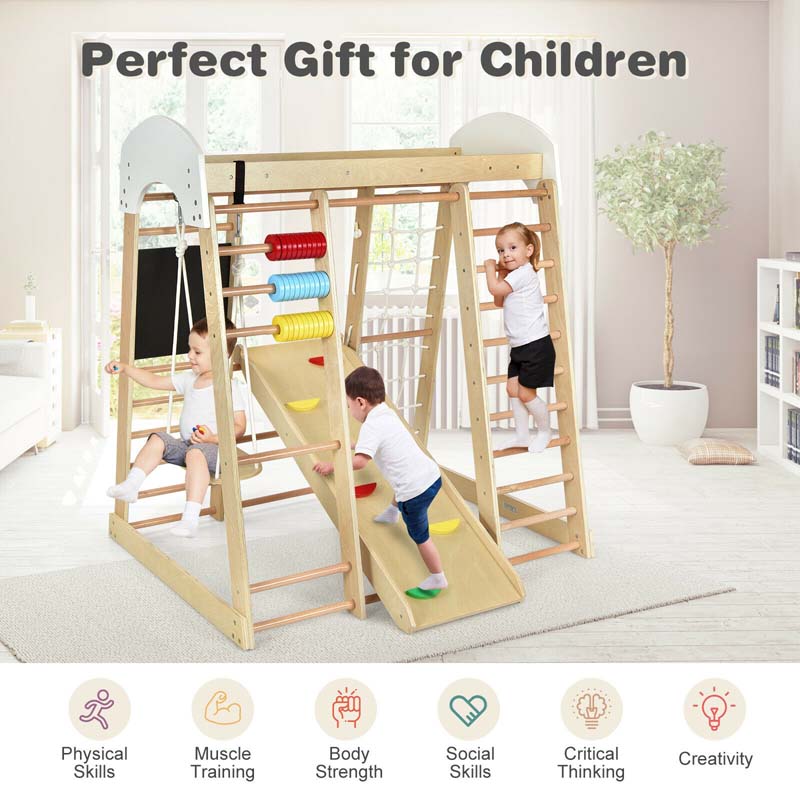 8-in-1 Wooden Montessori Climbing Toys for Toddlers, Kids Indoor Playground Jungle Gym Climber Playset with Slide, Climbing Rock & Net