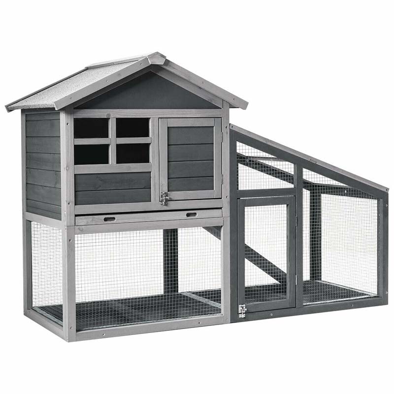 58" Large Wooden Rabbit Hutch Chicken Coop, Weatherproof Indoor Outdoor Bunny Cage with Removable Tray, Ventilation Door & Ramp for Small Animals