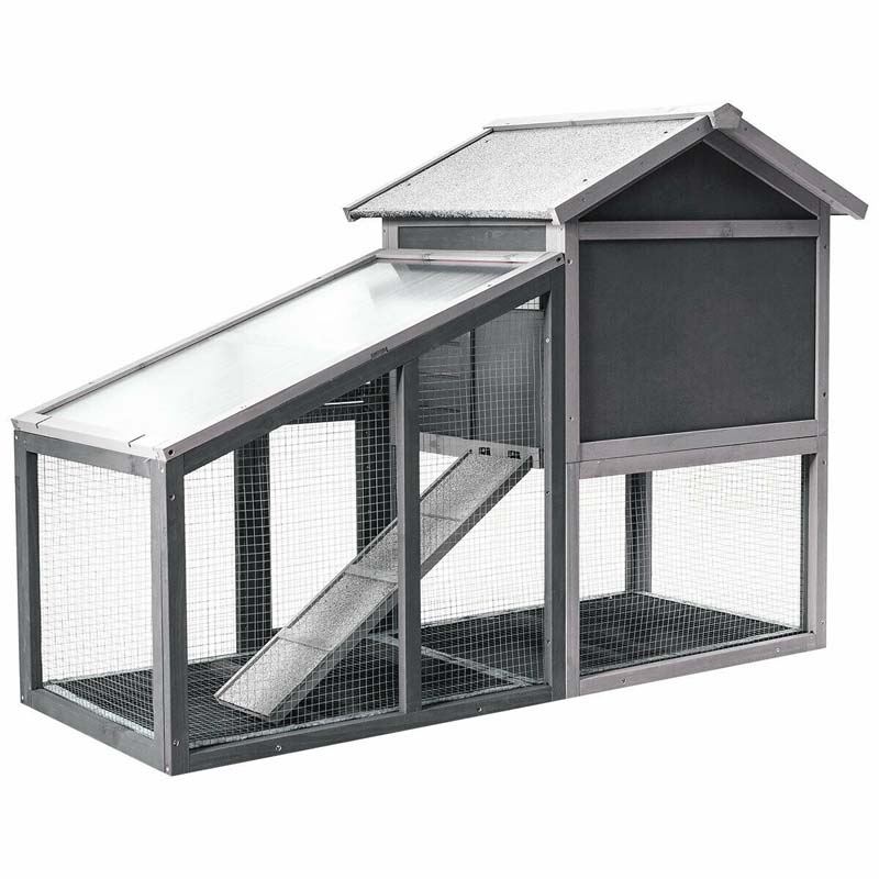 58" Large Wooden Rabbit Hutch Chicken Coop, Weatherproof Indoor Outdoor Bunny Cage with Removable Tray, Ventilation Door & Ramp for Small Animals