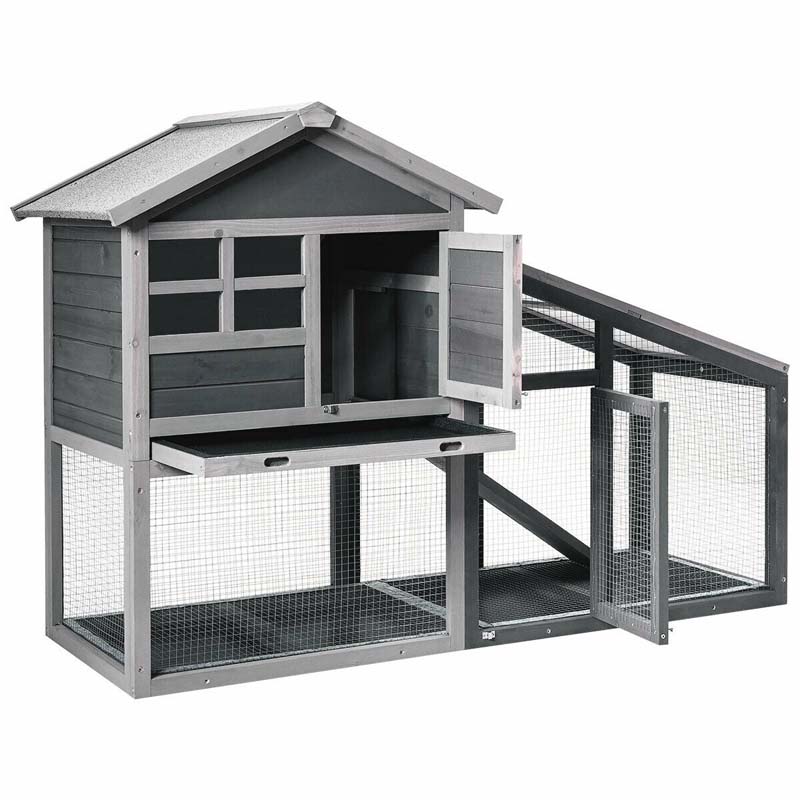 58" Large Wooden Rabbit Hutch Chicken Coop, Weatherproof Indoor Outdoor Bunny Cage with Removable Tray, Ventilation Door & Ramp for Small Animals
