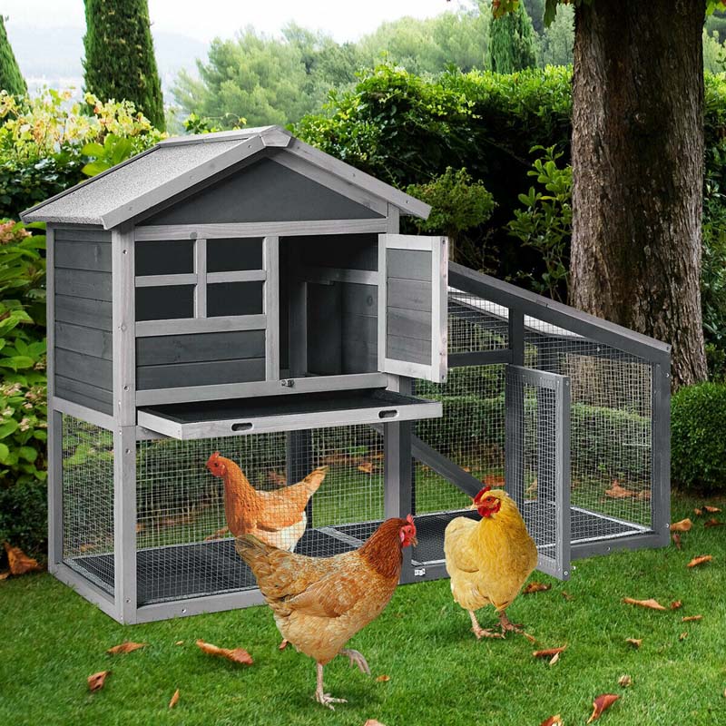 58" Large Wooden Rabbit Hutch Chicken Coop, Weatherproof Indoor Outdoor Bunny Cage with Removable Tray, Ventilation Door & Ramp for Small Animals